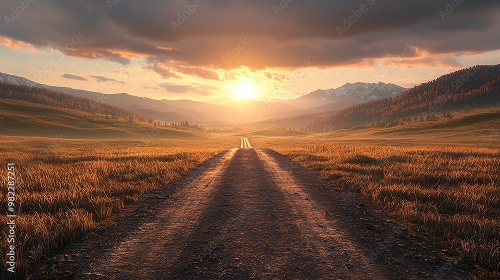 Naklejka premium Camino de Santiago, with vibrant fields as the background