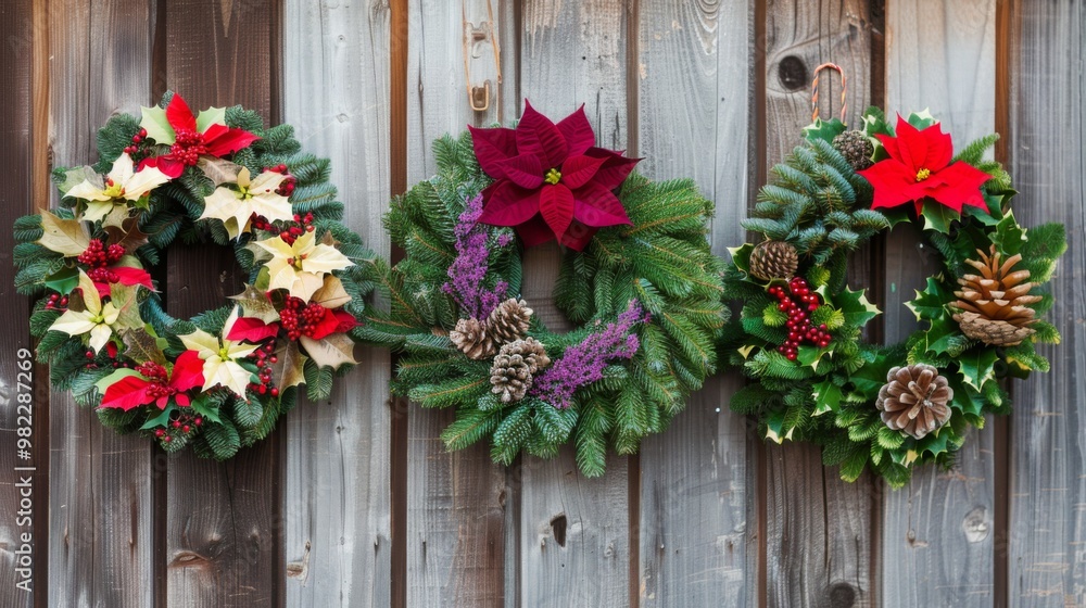 Three festive Christmas wreaths are hanging on a rustic wooden fence, adding seasonal charm to the outdoor decor. Three festive Christmas wreaths are hanging on a rustic wooden fence, adding seasonal charm to the outdoor decor.