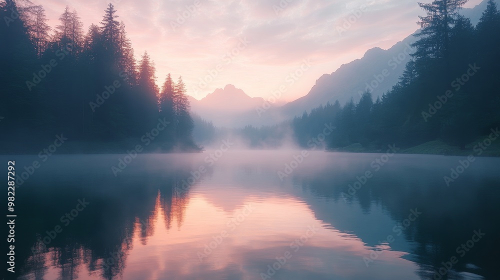 Serene Mountain Lake with Fog and Pink Sky at Dawn Serene Mountain Lake with Fog and Pink Sky at Dawn