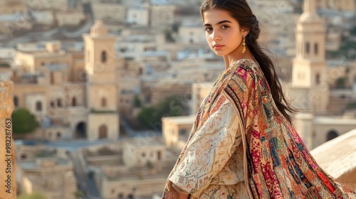 Syrian Teenager in Traditional Kaftan Against Historical City Backdrop - Full-Body Pose with Intricate Patterns photo