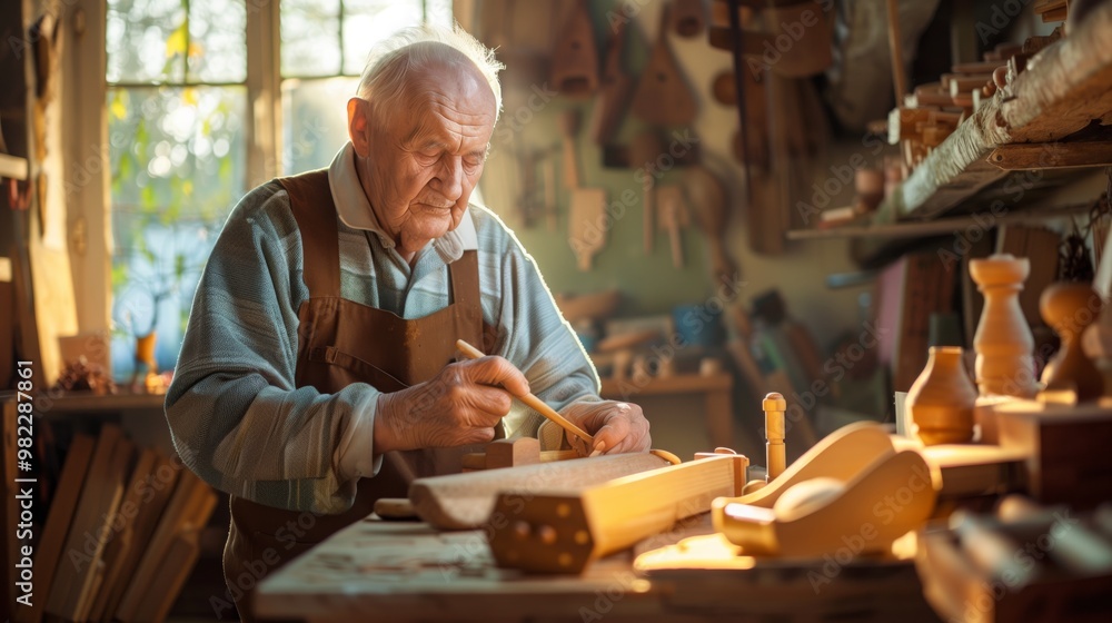 Elderly Woodworker Crafting in Sunlit Workshop | Fine Art of Woodworking in Traditional Workshop Setting Elderly Woodworker Crafting in Sunlit Workshop | Fine Art of Woodworking in Traditional Workshop Setting