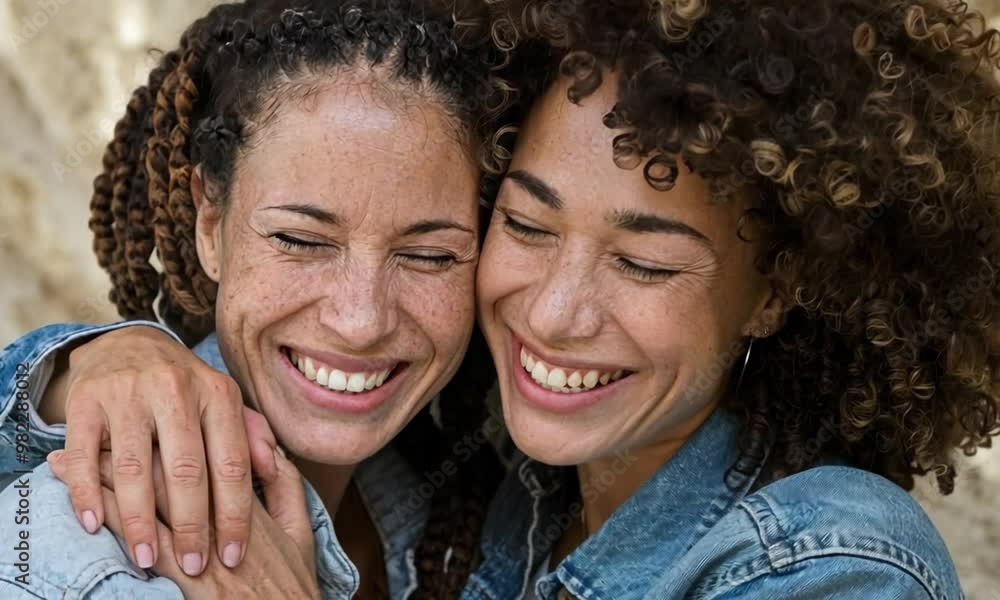 Hugging Friends Different Races Friendship Moments: A mid-shot of two women of different races, hugging ...