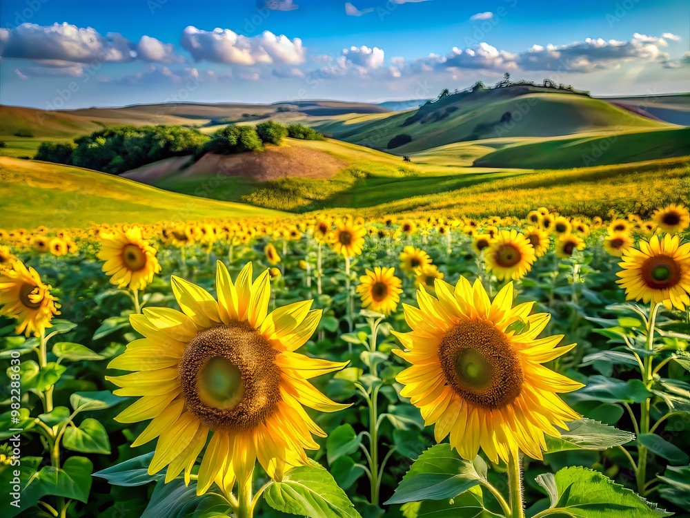 Fototapeta premium Vibrant yellow sunflowers sway gently, stretching towards warm blue skies amidst emerald green hills in a serene Kansas