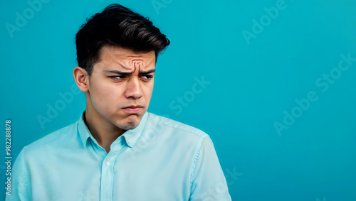 Unhappy young man with frustrated look, isolated blue background, showing signs of emotional distress, studio shot, website header with copy space for personal and emotional themes. Generative AI