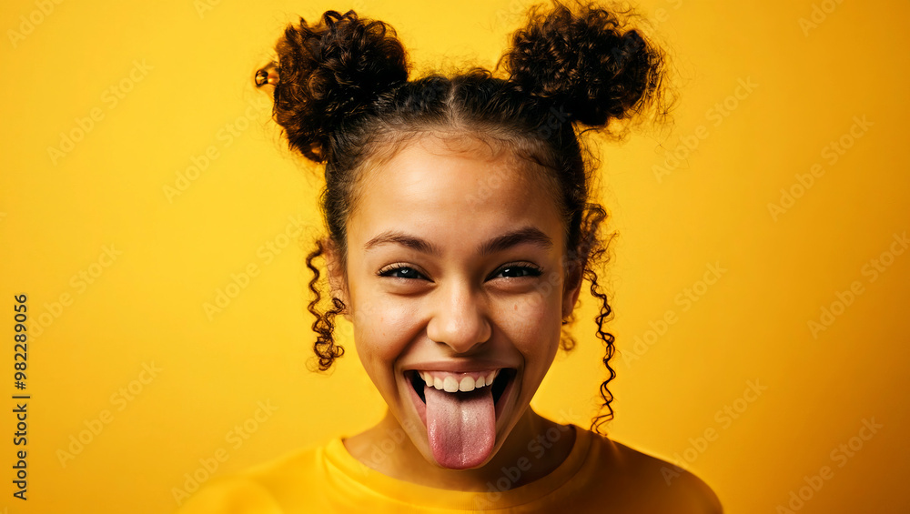 Happy young woman with curly hair sticking out her tongue, playful expression on yellow background, vibrant and cheerful, positive emotions, website header with copy space for lifestyle themes. Genera Happy young woman with curly hair sticking out her tongue, playful expression on yellow background, vibrant and cheerful, positive emotions, website header with copy space for lifestyle themes. Genera
