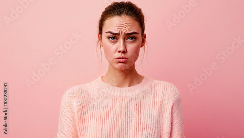 Frustrated young woman making a pouty face, isolated pink backdrop, emotional reaction, displeased expression, studio portrait, website header with copy space for emotion and lifestyle themes. Generat photo