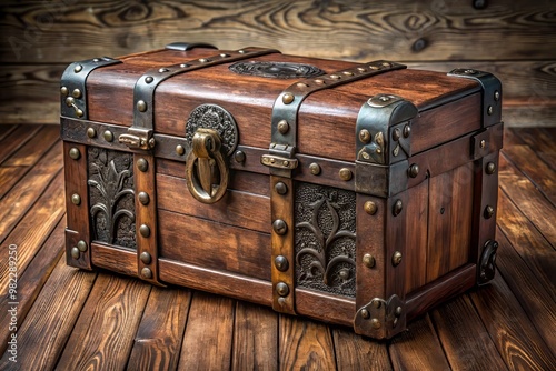 Vintage wooden storage trunk rests on rustic wooden floor, adorned with worn leather straps and ornate carvings,