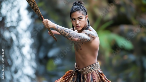 Maori Teenager in Piupiu Skirt and Warrior Tattoo Poses in Natural Setting photo