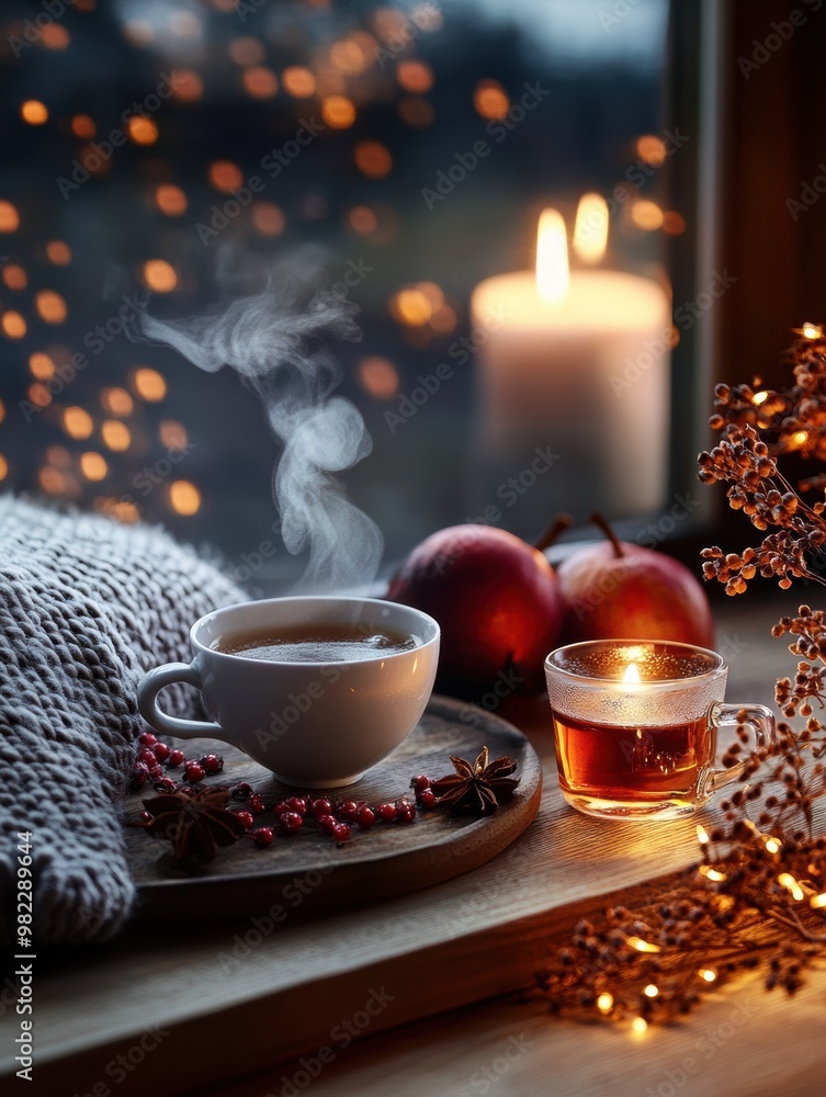 Fototapeta premium A cozy corner featuring a knit blanket and a steaming cup of tea, surrounded by autumn decorations