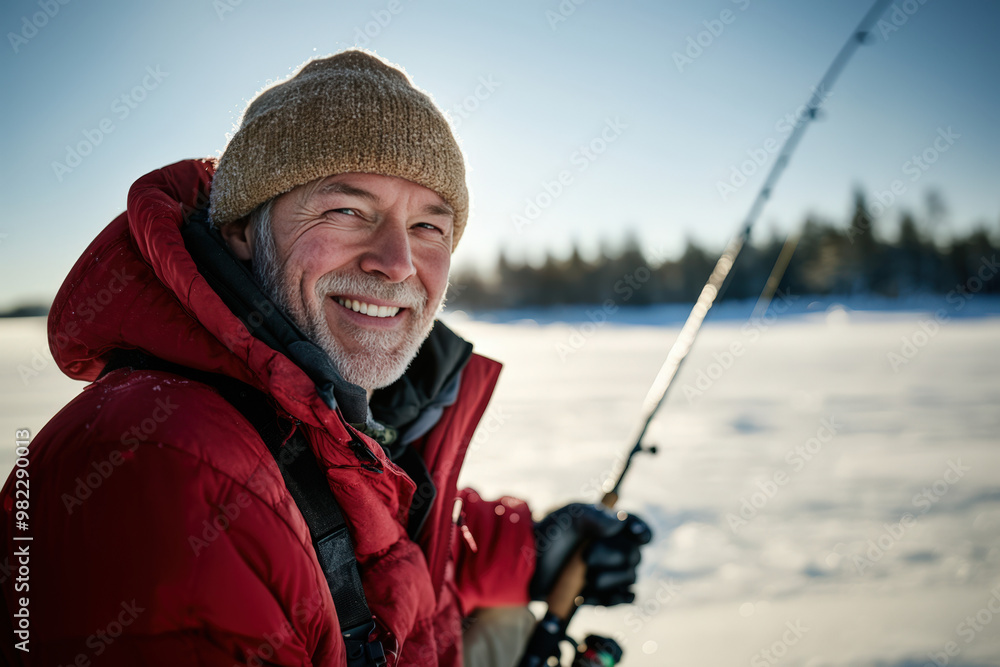 Happy fisherman bundled up in warm clothing is smiling while ice fishing on a frozen lake in winter Happy fisherman bundled up in warm clothing is smiling while ice fishing on a frozen lake in winter