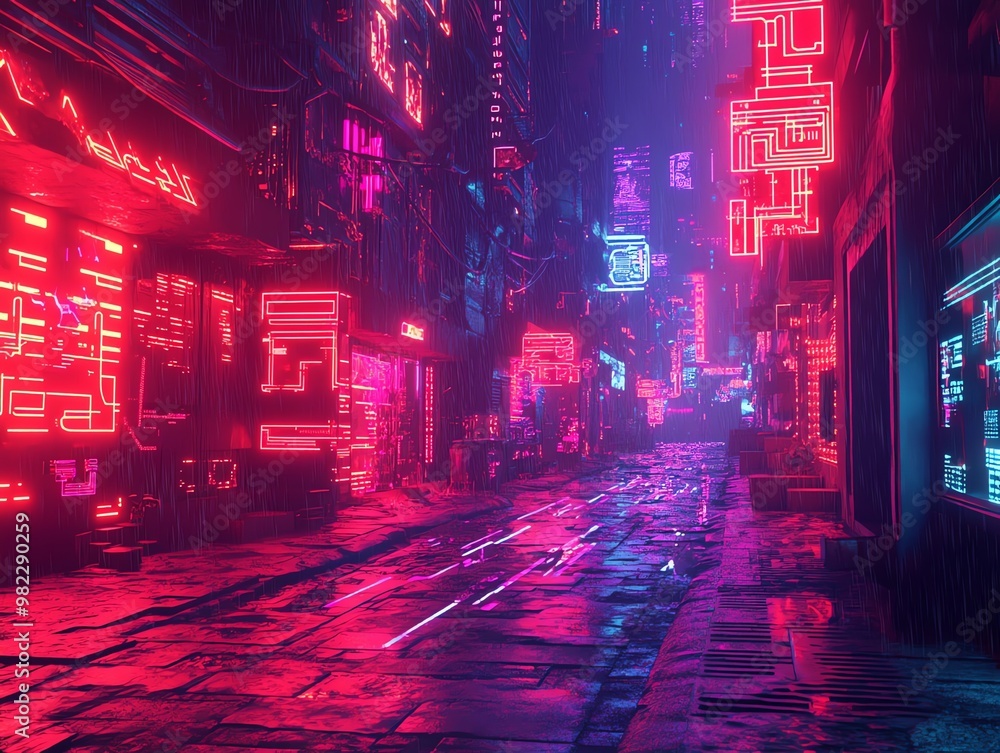 Fototapeta premium Neon-lit cyberpunk alleyway with wet cobblestones and glowing signs.