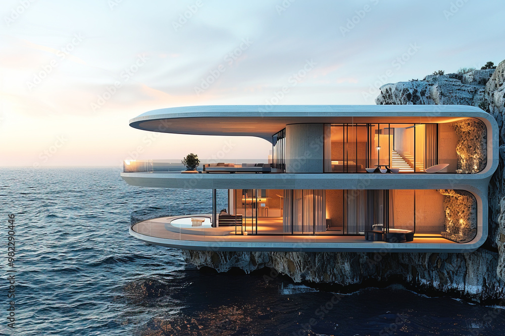 Fototapeta premium House on a cliff by the sea, modern European architectural design, panoramic windows.