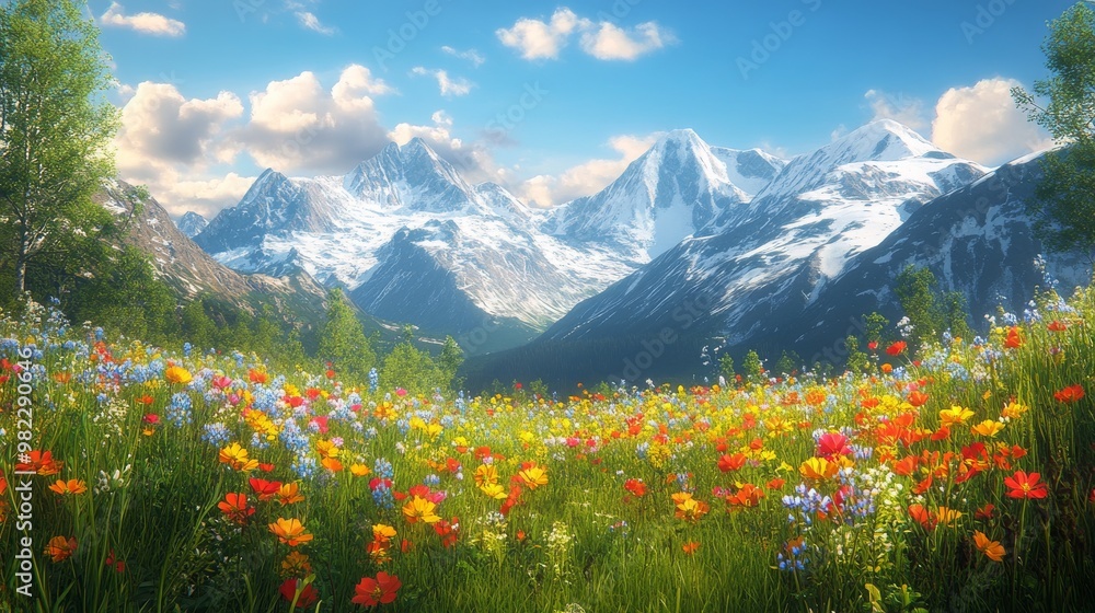 A vibrant meadow of wildflowers blooms in the shadow of snow-capped mountains. A vibrant meadow of wildflowers blooms in the shadow of snow-capped mountains.
