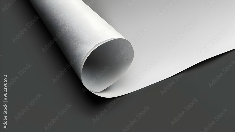 A Close-Up View of a White Paper Sheet Rolled Up on a Dark Gray Background, Showing the Texture of the Paper and the Subtle Shadows Created by the Fold. A Close-Up View of a White Paper Sheet Rolled Up on a Dark Gray Background, Showing the Texture of the Paper and the Subtle Shadows Created by the Fold.