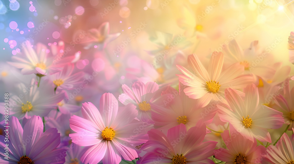 Soft Pink and Yellow Flowers Bloom in a Dreamy Bokeh Background with Sunlit Rays of Light Soft Pink and Yellow Flowers Bloom in a Dreamy Bokeh Background with Sunlit Rays of Light