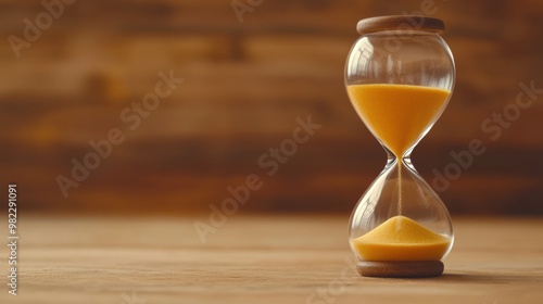 An hourglass with sand on a wooden table in front of it, AI