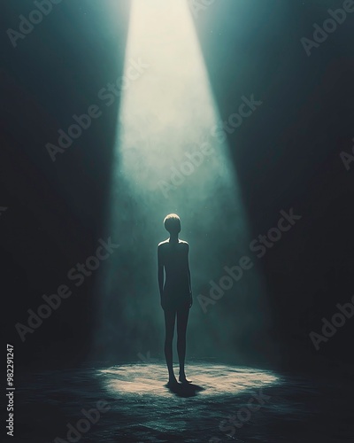 A solitary figure illuminated by a dramatic beam of light in a dark environment, evoking mystery and contemplation.