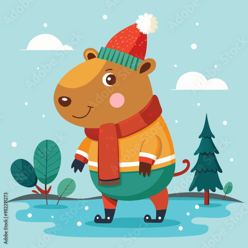 Capybara ice skating in Christmas hand-drawn illustration