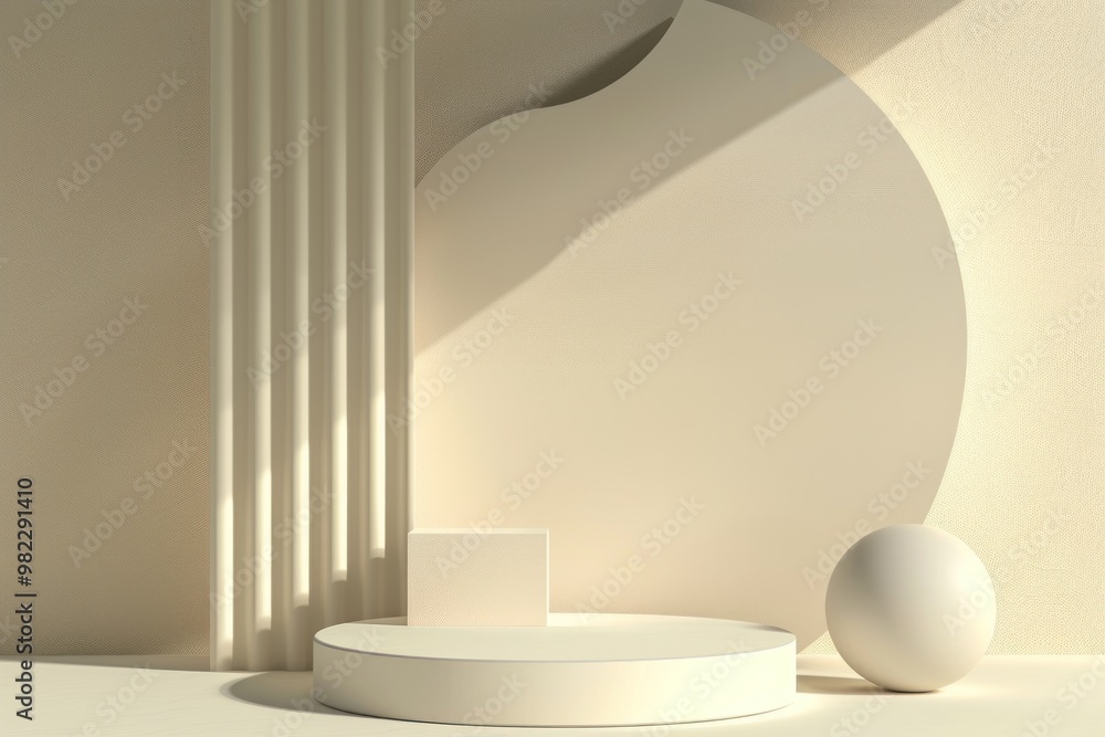 Minimalist beige podium display with geometric shapes and shadows. Abstract design for product presentation. Minimalist beige podium display with geometric shapes and shadows. Abstract design for product presentation.