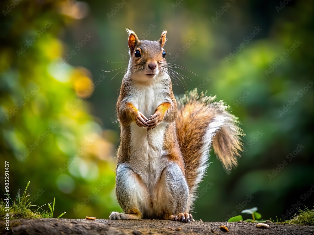 With tail held high and whiskers twitching, the confident squirrel commands attention, projecting a sense of authority With tail held high and whiskers twitching, the confident squirrel commands attention, projecting a sense of authority