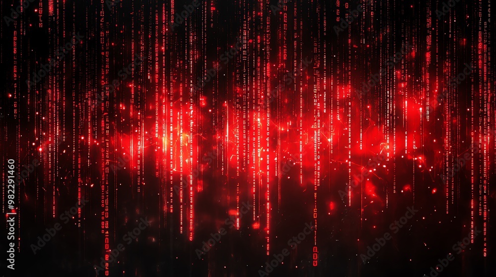 Red digital binary code rain on a dark background. Red digital binary code rain on a dark background.