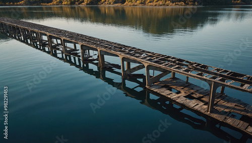  a surreal, deconstructed bridge that seems to break apart as it spans a calm body of water, with floating sections disconnected from each other photo