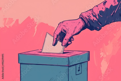 Vibrant Voting Hand Illustration with Ballot Box