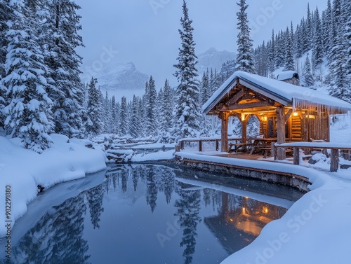 Cabin and Pond in Snowfall in National Park photo