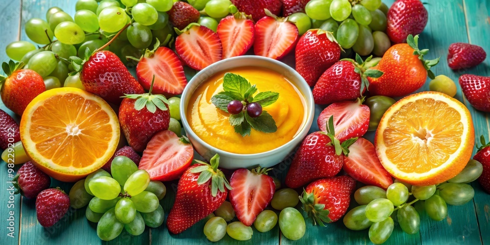 Vibrant summer fruits sprawl across a colorful loop, a mix of juicy red strawberries, sweet orange slices, and luscious green grapes. Vibrant summer fruits sprawl across a colorful loop, a mix of juicy red strawberries, sweet orange slices, and luscious green grapes.