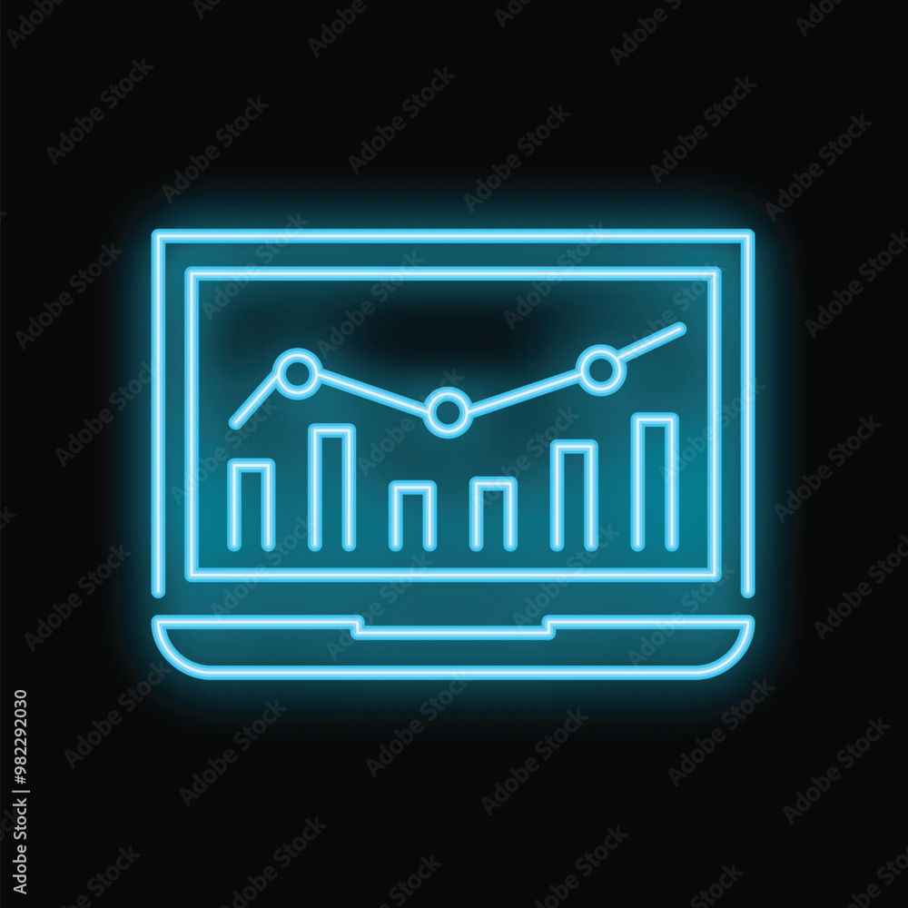 Blue neon icon of a laptop displaying a growing chart, representing business analytics and data analysis Blue neon icon of a laptop displaying a growing chart, representing business analytics and data analysis