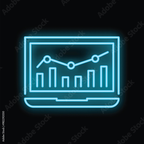 Blue neon icon of a laptop displaying a growing chart, representing business analytics and data analysis
