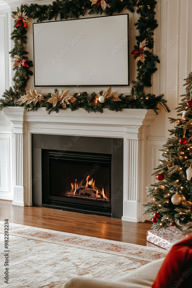 Cozy Christmas atmosphere with a fireplace, TV, and decorated tree featuring warm lights and holiday gifts Cozy Christmas atmosphere with a fireplace, TV, and decorated tree featuring warm lights and holiday gifts