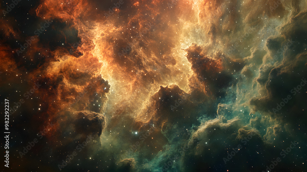 Fototapeta premium Fiery nebula explodes in a cosmic dance, painting the dark sky with swirling patterns of orange and blue flames