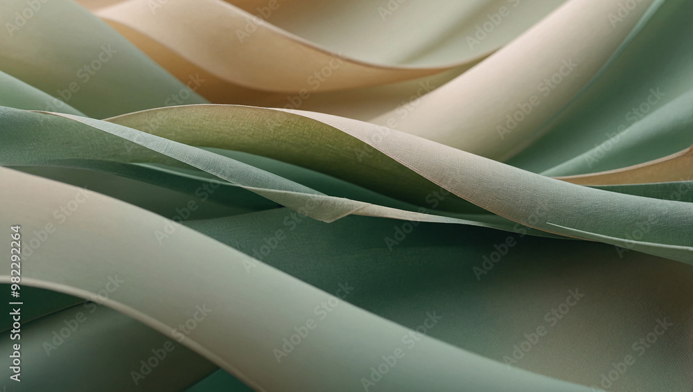 Obraz premium an abstract background using flowing, ribbon-like shapes with a gradient from light sage green to soft beige. The balance of colors should feel organic and natural