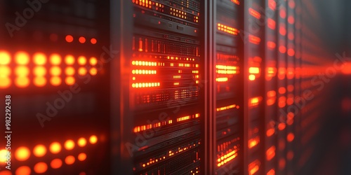 Rows of glowing red server racks in a data center.