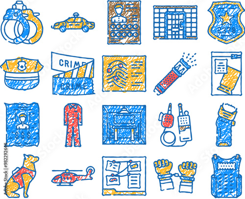 crime scene police criminal doodle icons set vector. sketch line art evidence murder, detective tape, law information, board violence, data dark cyber crime scene police criminal color illustrations