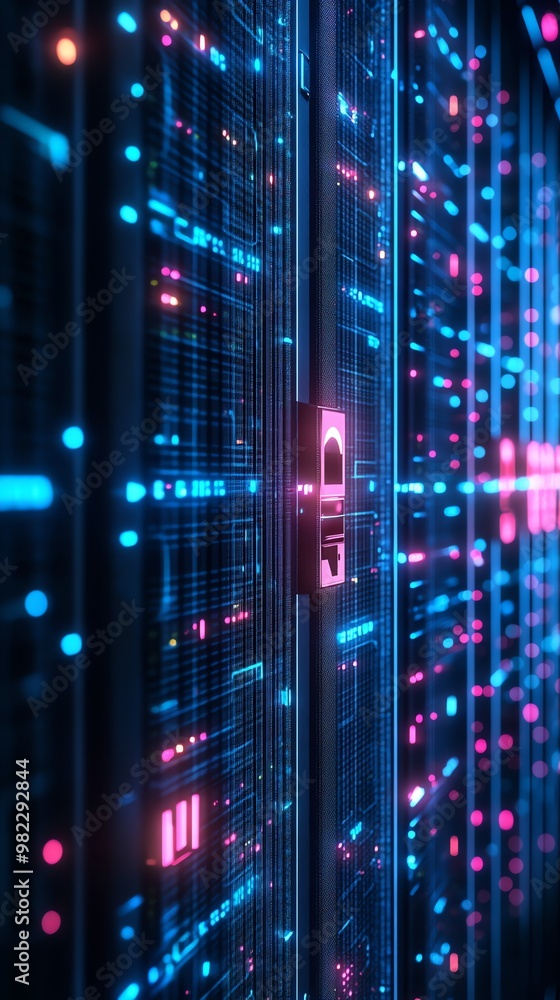 Rows of glowing server racks with blue and pink lights. Rows of glowing server racks with blue and pink lights.