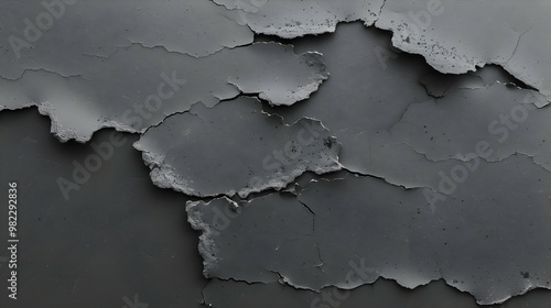 A Close-Up View of a Cracked and Chipped Gray Surface, Revealing a Textured Underneath Layer