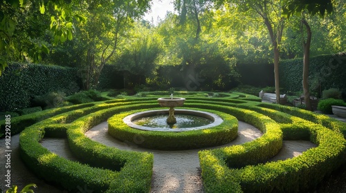 A circular garden maze with towering emerald hedges, neatly trimmed paths spiraling inward, sunlight glistening off a marble central fountain