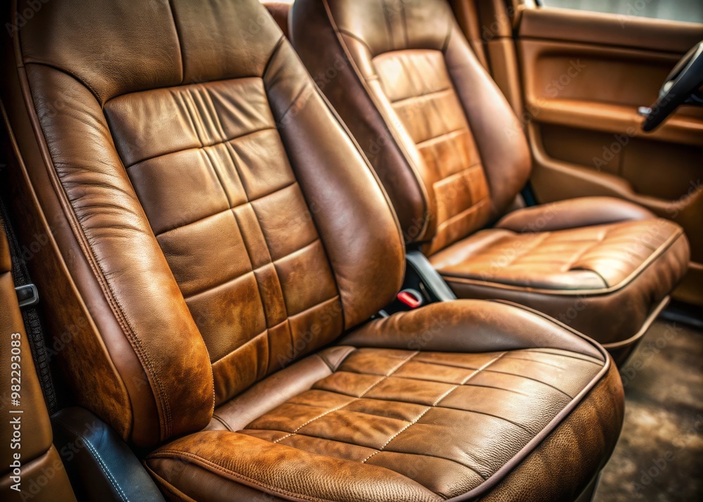 Obraz premium A worn, brown leather car seat with creases and scratches, set against a simple background to focus on the dull, earthy tone.