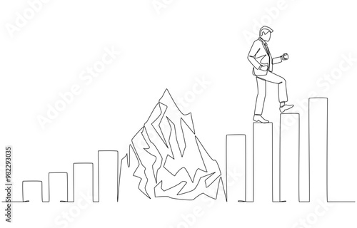 Continuous one line drawing of businessman successfully crossed the mountain to the rising bar graph, overcoming business obstacles to success concept, single line art.