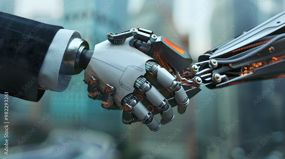 Handshake between an android robot and a human as an interaction gesture. AI Generated Handshake between an android robot and a human as an interaction gesture. AI Generated