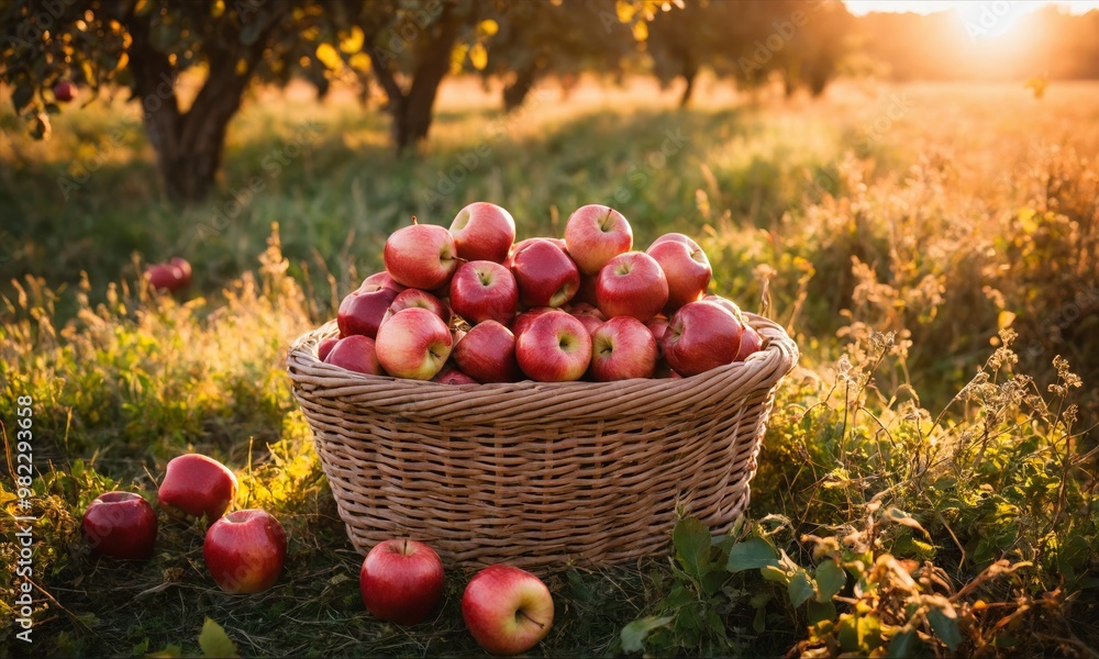 Basket of red apples in grassy field Basket of red apples in grassy field