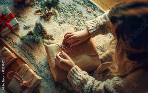 Close up of hands wrapping Christmas gifts boxes. Xmas wrapping idea.