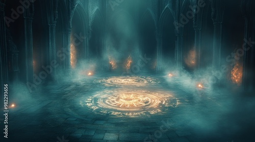 A council of wizards in a vast hall, ancient symbols glowing on the stone floor, mystical fog swirling, glowing orbs levitating, dark fantasy, cinematic lighting, 3D render photo