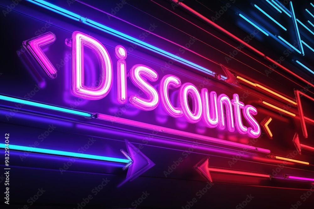 Neon sign with word Discounts and glowing arrows Neon sign with word Discounts and glowing arrows