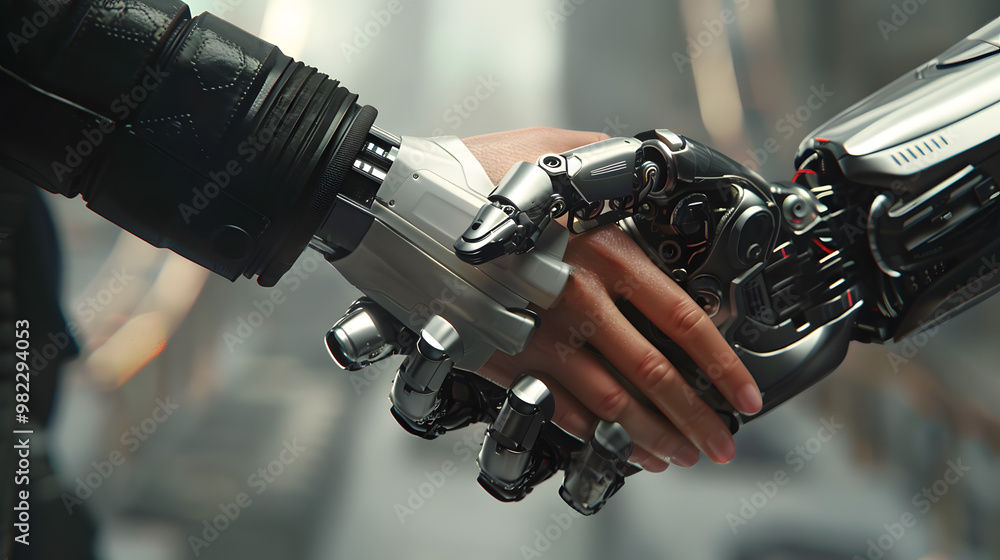 Handshake between an android robot and a human as an interaction gesture. AI Generated Handshake between an android robot and a human as an interaction gesture. AI Generated
