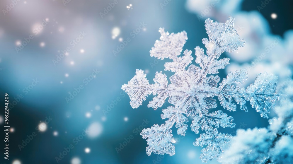 Beautiful close-up of a snowflake with a blurred blue background, capturing the essence of winter and the magic of snowfall. Beautiful close-up of a snowflake with a blurred blue background, capturing the essence of winter and the magic of snowfall.