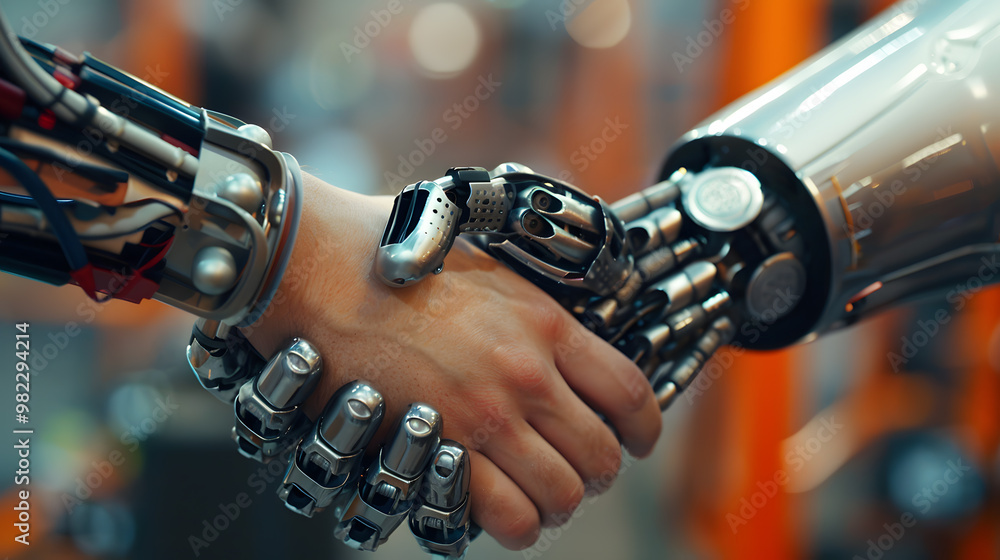 Handshake between an android robot and a human as an interaction gesture. AI Generated Handshake between an android robot and a human as an interaction gesture. AI Generated