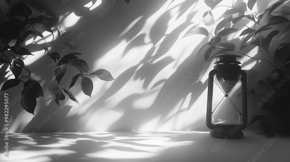 A black and white studio shot of an hourglass, with leaves climbing up pillars and one side illuminated by light, creating a Kiaro style effect of contrasting light and dark.